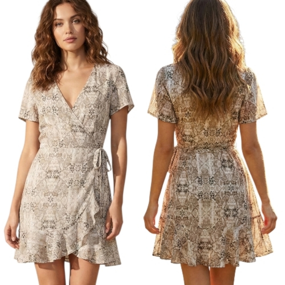 ALL IN FAVOR "Isabella" Snake Print Wrap Mini Dress - Size S